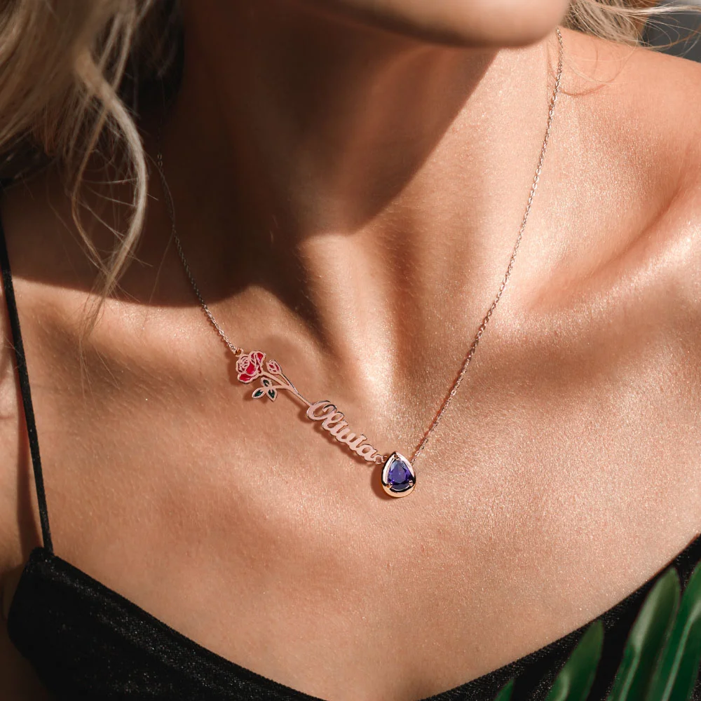 Collier personnalisé pour femmes avec nom en pierre et fleur de naissance Cadeau d'anniversaire