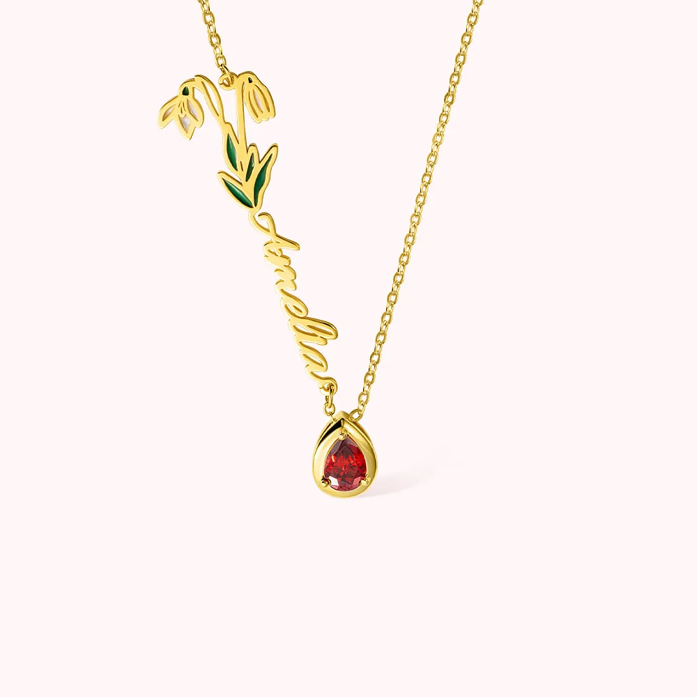 Collier personnalisé pour femmes avec nom en pierre et fleur de naissance Cadeau d'anniversaire