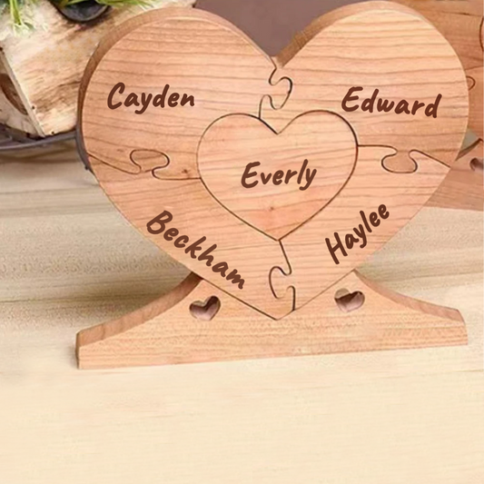 Coeurs en bois - Décoration puzzle familial